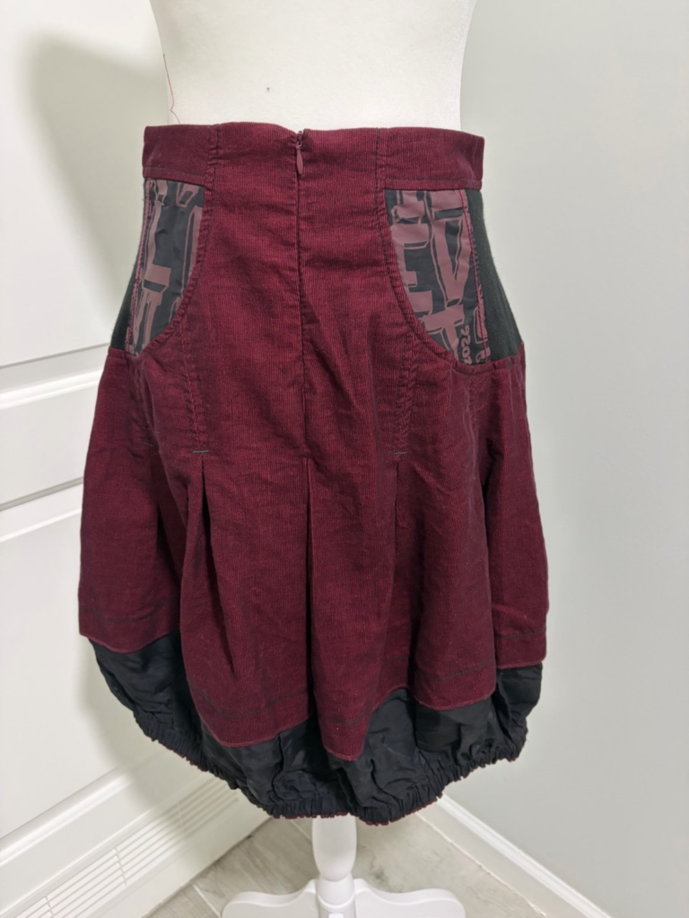Burgundy and Black Corduroy Bubble Hem Skirt Made in Europe